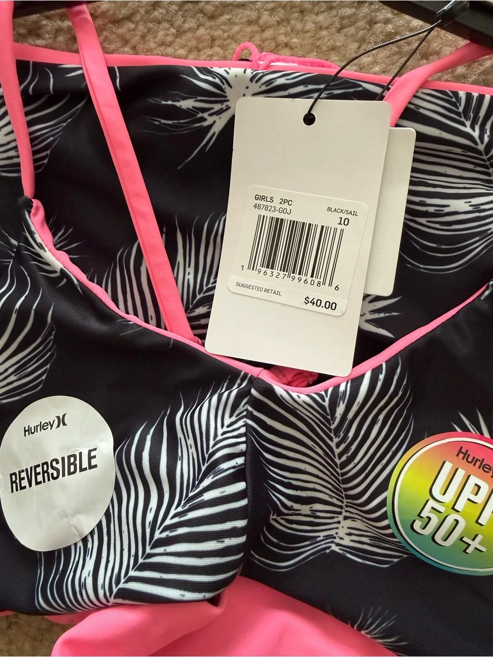 NWT Girls Hurley Reversible Palm Print Bikini Set - Black & Hot Pink
